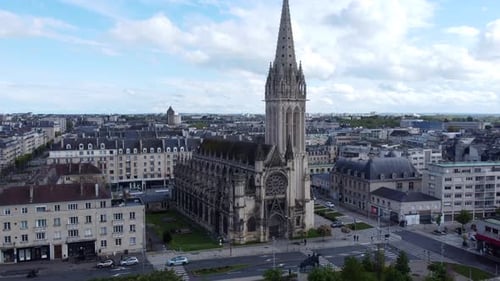 Church of Saint Pierre in city center of Caen, France. Aerial rising