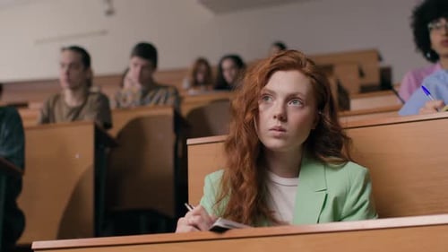 Young Students Learn at Lecture Room. Group of People Study in University