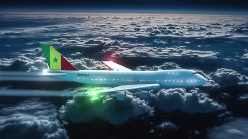 Modern 3D Airplane with Senegal Flag Flying Over Clouds