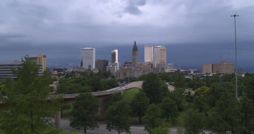 Ascending drone reveal of downtown Tulsa, Oklahoma