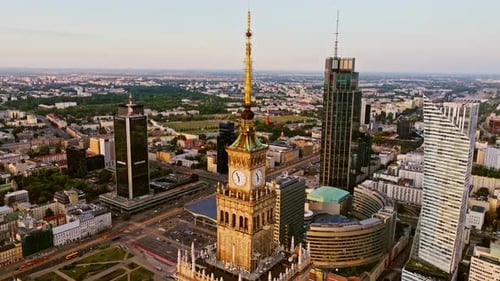 Clock tower in Warsaw skyline symbolizing East West political tensions
