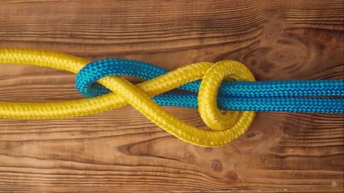 Gelbe und blaue Seile, die verdreht und zusammengebunden sind und einen Knoten bilden, isoliert auf Holzuntergrund. Schliessen
