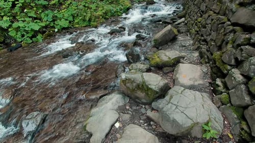 Waterfall Stream Running Fast in Mountain Green Forest