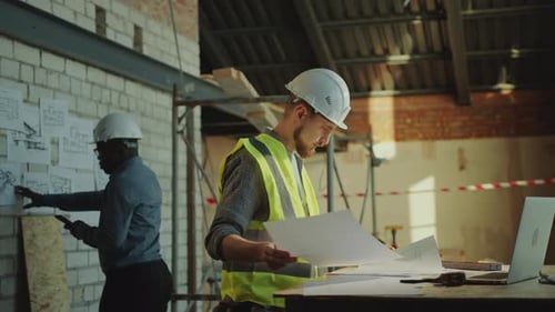 Engineer Working on Floor Plan as Contractor Calling on Phone on Building Site