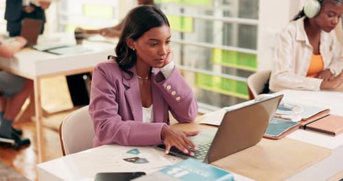 Laptop, woman and college for assignment notes, writing and research for studying module