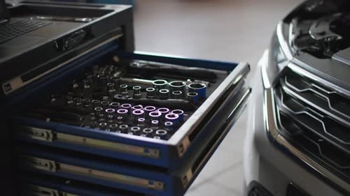 Modern Tools for Car Maintenance and Repair at a Technical Station Closeup