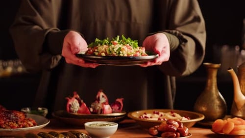 Plated Salad with Mideastern Cuisine on Table