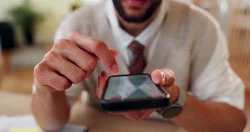 Phone, hands and man scroll in office for online company website development with research