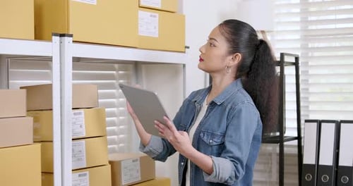 Woman Inspecting Packages With Tablet in Warehouse