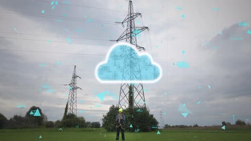 Der Elektroingenieur in der Nähe des Strommastes lädt Daten in die Cloud hoch. Smart-Grid-Technologie mit 3D-Anime