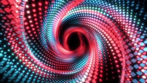 Túnel abstracto de luz de neón con movimiento en espiral azul y amarillo