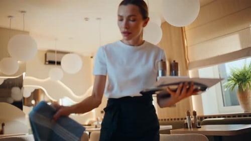 Waitress Cleaning Cafe Table Wearing White Shirt Woman Employee Wiping Surface