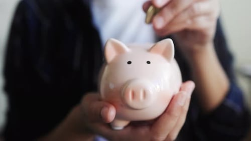 Hands holding piggy for saving money. Invest and finacial bank concept