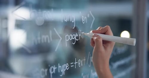 Person, hands and glass for writing code in office for review, system integration and software