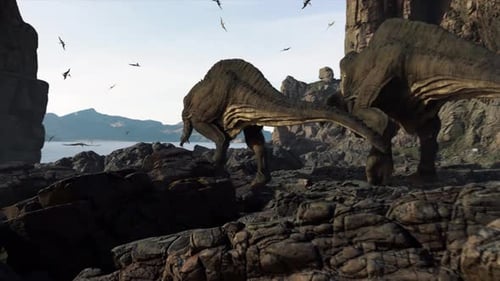 T Rex Tyrannosaurus-Dinosaurier halten gejagte Beute im Kiefer, 3D-Animation