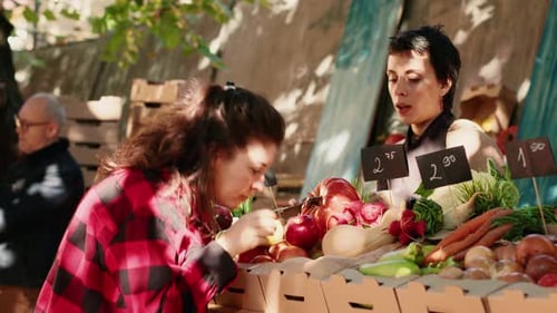 Happy Woman Looking at Juicy Apples to Buy From Farmers Market