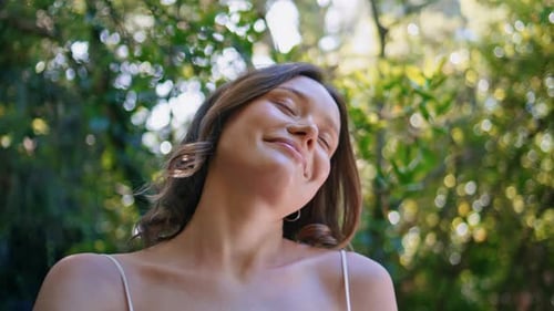 Sensual Woman Enjoying Wind Posing Forest Portrait Gentle Model Looking Camera