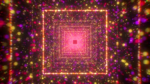 Technological Tunnel with Digital Particles Shining Red Glow