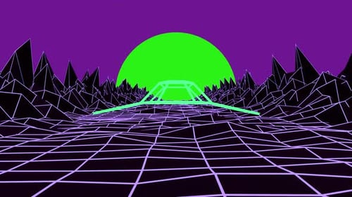 Animation rétro des années 1980 en boucle fluide avec une silhouette de vaisseau volant à travers les rochers vers le vert