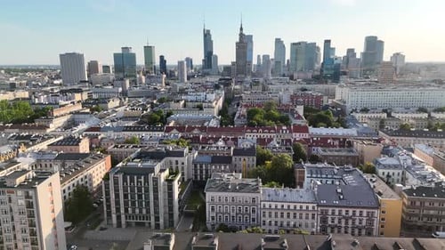Aerial footage of city skyline in Warsaw, Poland