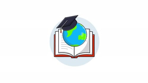Animated Global Education Icon with Book and Graduation Cap
