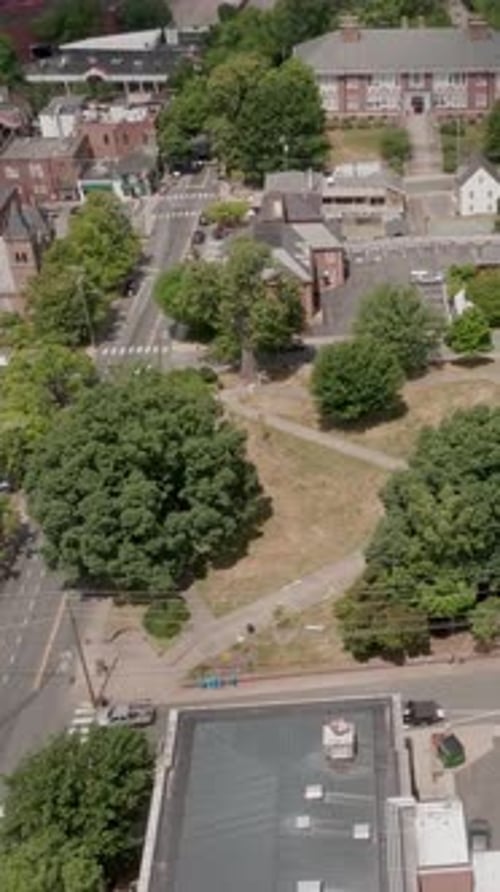 Vertical Charlottesville Virginia Aerial Drone Looking Down Push In Market Street Park