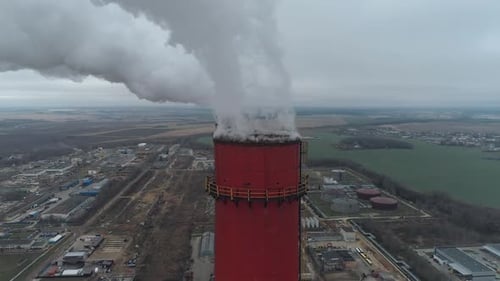 Thermal Power Energy Station View From Height to Pipes in Fog Steam and Smoke From Pipes
