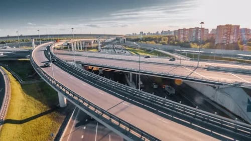 Cars On The Highway At Sunset Aerial
