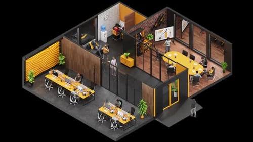 3D coworking space in Isometric. Loop animation with Alpha channel