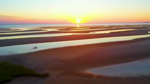 Cape Cod Bay Epic Sun Set Aerial Drone Footage of Beach at Low Tide with People Walking, Sand Bars a