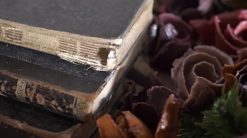 Occult scene, Ancient Books and Flowers, Close Up