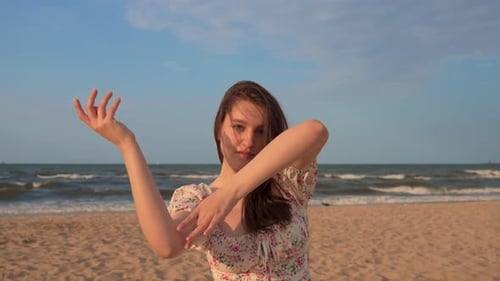 Close Up Young Woman Performer Dancing on Sunny Seashore at Summer Evening Flexible Young Female