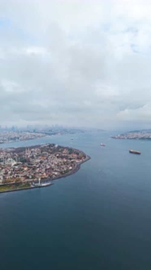 Vertical aerial view over the Sultanahmet District in Istanbul. Blue Mosque, Hagia Sophia, Turkey