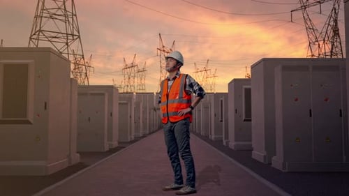 Full Body Side View Of Asian Male Engineer Looking Around With Arms Akimbo with High Voltage Power