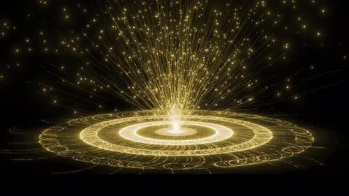 Círculo Hud de color amarillo con fondo de partículas amarillas brillantes con partículas, tecnología de alta tecnología