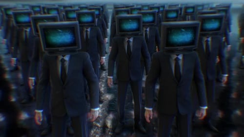 Crowd of TV Headed Businessmen Glitching