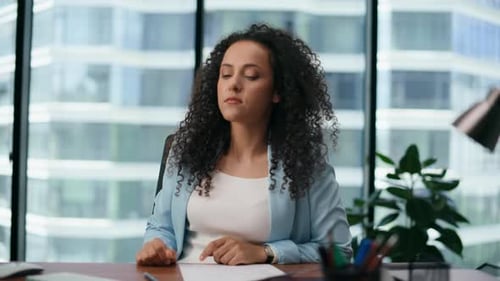 Unmotivated Woman Office Worker Tired of Work Sitting Modern Desk with Papers