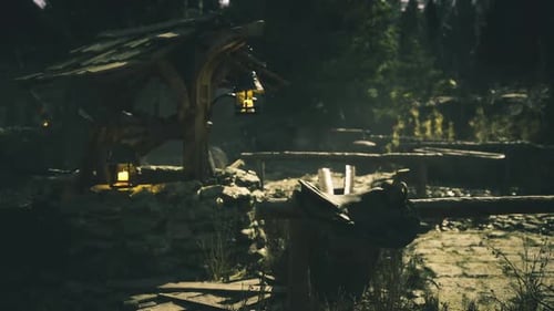 Scène rustique enchanteresse avec une douce lueur de lanterne dans un cadre forestier serein