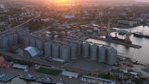 Drone View of Urban City Scape with Sea Port