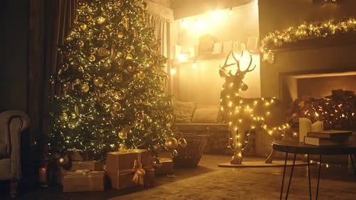 Festive Christmas Tree and Fireplace Scene