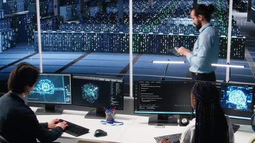 Technicians in Data Center Review AI Diagnostics Analyzing Neural Networks