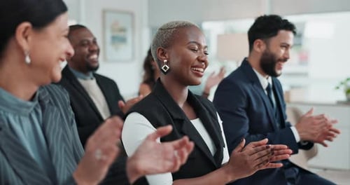 Business people, applause and crowd in office for presentation, celebration