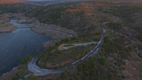 Aerial view of serene lake at sunrise, Turkey.