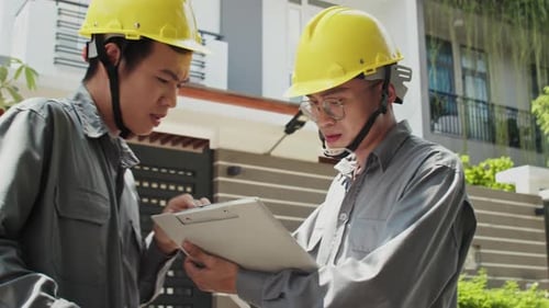 Construction Workers Discussing House Renovation Plan