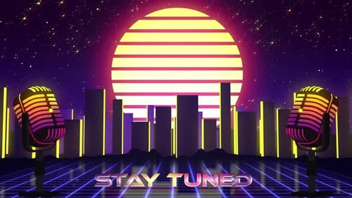 80s Retro 'stay tuned' text with microphones on retro background in a seamless loop. Podcast Intro