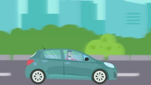 Animated Flat Design Car Driving on City Road