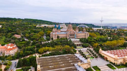 Aerial drone view of National Art Museum of Catalonia in Barcelona, Spain. Greenery around