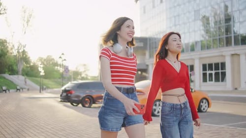 Two Beautiful Young Women Walk Down the Street or Park Holding Hands A Couple of Girls Walk Hand in