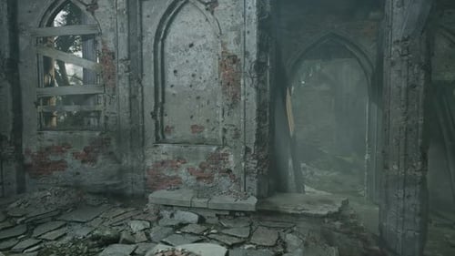 Abandoned Monastery Ruin With Debris