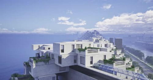 Diseño arquitectónico moderno con vistas al tranquilo paseo marítimo en una ciudad vibrante